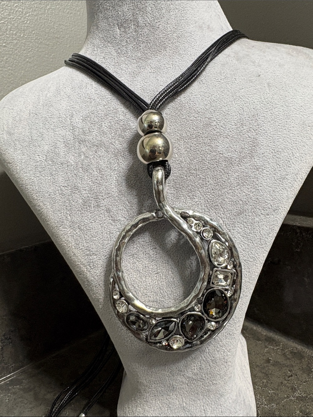 Silver Tone & Smoky Crystal Statement Pendant Necklace